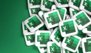 Logos of the Microsoft Office component Excel on a heap. Copy space. Web banner format.